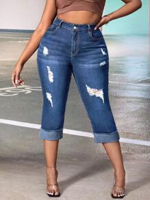 SHEIN SXY Plus Fashionable Washed Ribbed Skinny Capris Denim Jeans