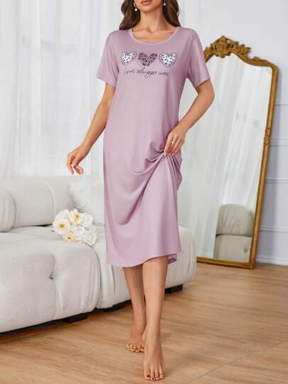 Drawn Leopard Print Heart Shaped Text Pattern Round Neck Short Sleeve Women Sleep Dress Pajama Dress, Moo view 5