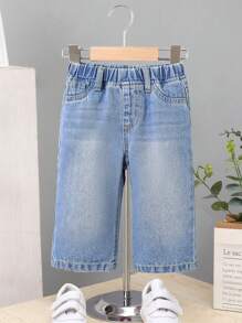 SHEIN Babyjongen Zomer Blauw Gewassen Elastische Tailleband Casual Baggy Opgestikte Zak Denim Wijde Pijpen Jeans, Babyjongen Lente En Zomer Kleding Broeken Outfits