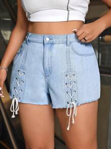 SHEIN EZwear Fashionable Plus Size Women Denim Shorts With Drawstring Design - Blue - View 2