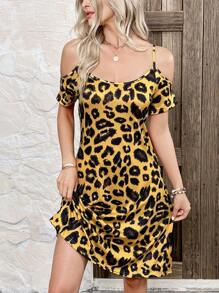 INAWLY Women Summer Leopard Print Spaghetti Strap Off-Shoulder Sleeveless Dress