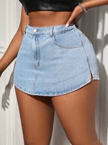 Slaydiva Skort sexy din denim non-stretch, la modă și versatilă - Albastru - Vizualizare 5