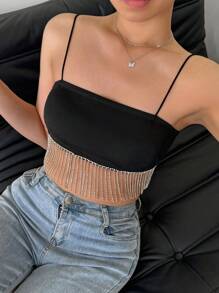 SHEIN PETITE Women Summer Spliced Rhinestone Fringed Hem Crop Top Camisole With Spaghetti Straps - Black - View 7