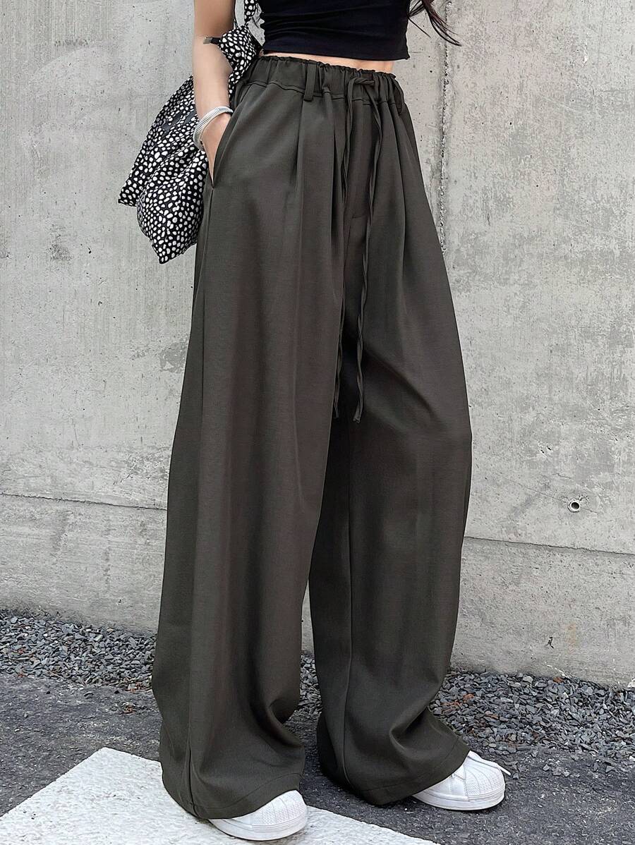 DAZY 女士纯色抽绳腰阔腿休闲裤