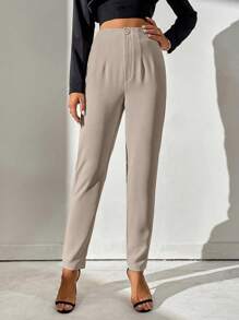 SHEIN Tall 纯色高腰锥形休闲裤 - 卡其色 - 查看 3