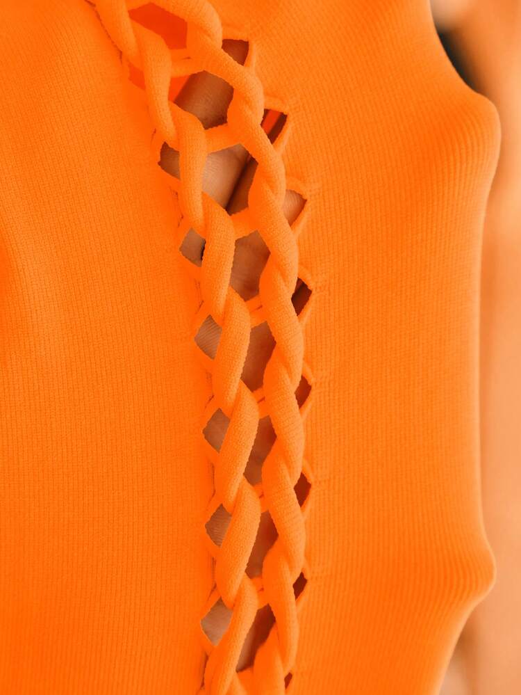 Street Sexy Orange Hollowed-Out Braid Lace-Top Seamless Stretch Long Dress