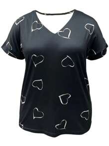 INAWLY Women Simple Heart Printed Short Sleeve T-Shirt For Daily Wear