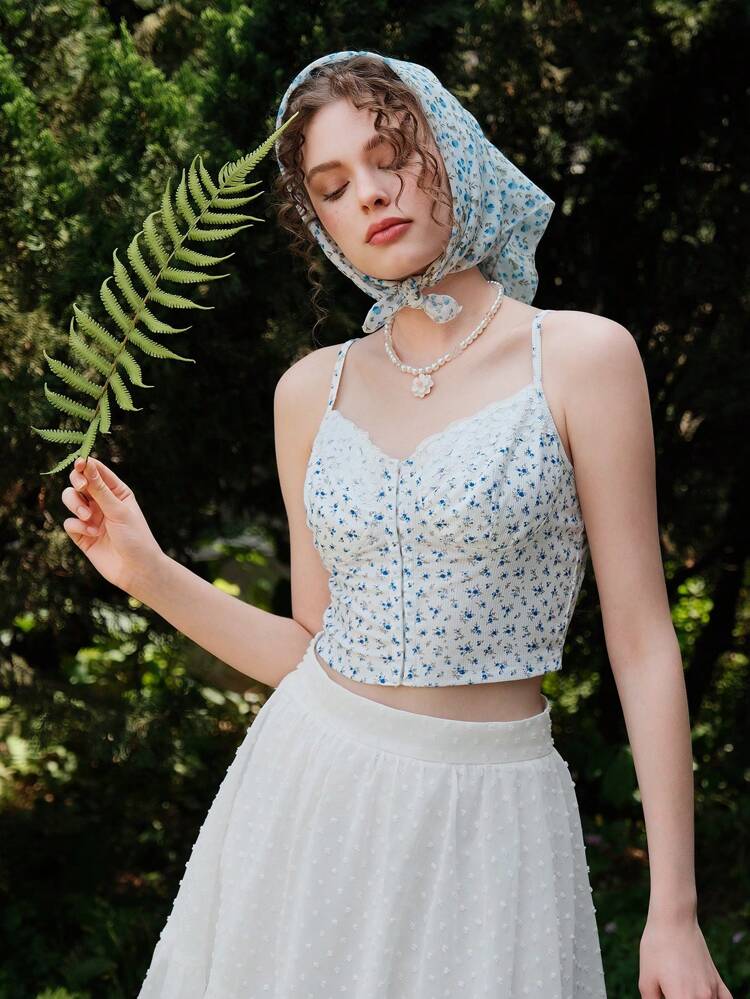 Blue Floral Print Lace Splice Bustier Style Camisole Top For Summer Holidays