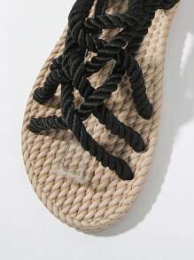 Women Flat Summer Sandals With Woven Rope Sole, Slip-On Buckle Strap, Wrap-Around And Toe-Out Design For Comfort - Black - View 5