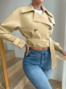 Chiquease Double Breasted Drop Shoulder Crop Trench Coat - Khaki - View 5