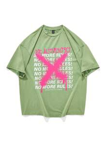 SHEIN EZwear Women's Graffiti Slogan Print Tie-Dye Washed Loose T-Shirt - Green - View 3