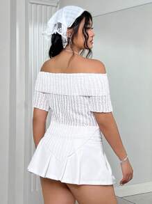 SHEIN ICON Plus Size Summer Solid Color Off Shoulder Texture Asymmetrical Hem Short Sleeve T-Shirt