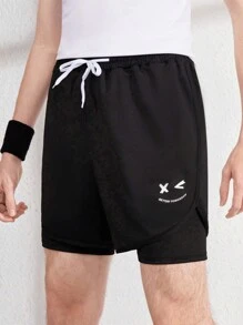 Teen Boy Smiling Face Print Sports Shorts Set, Two Pieces Look - Black - View 1