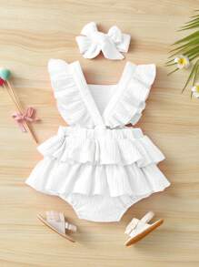 SHEIN Vintaside Kids Baby Girl Summer Square Collar Cap Sleeve Tiered Ruffle Hem White Cute Overall Dress - White - View 2