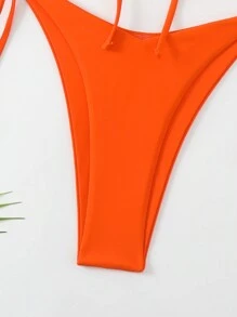 SHEIN Swim 實心打結前扣頸無肩帶比基尼泳衣套裝，適用於夏季海灘度假 - 橘色 - 查看 5