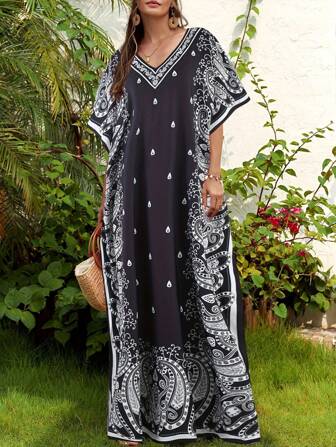 Women's Kaftan, Casual V-Neck Water Drop Print Loose Long Split Beach Coverup