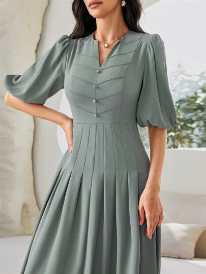 Modelyn 女士时尚优雅收腰泡泡袖阿拉伯连衣裙长款晚礼服