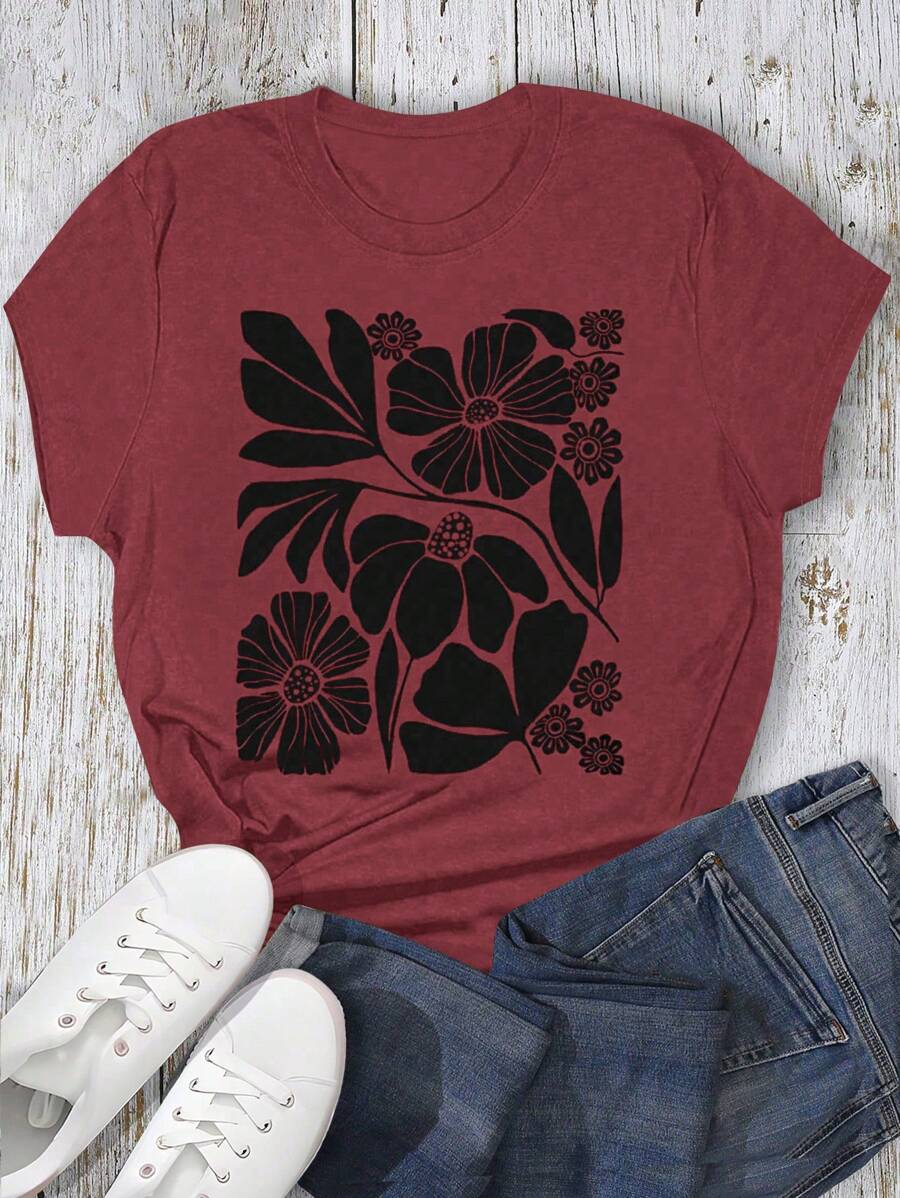 SHEIN LUNE Plus Size Floral Print Casual Short Sleeve T-Shirt - Pink - View 1
