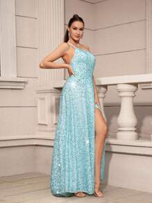 SHEIN Belle Espectacular y elegante vestido de noche para mujer en tela turquesa-verde con cuentas, diseño de un solo hombro y abertura alta, presentando una amplia falda en línea A y una pequeña cola (Industria pesada) - Azul menta - Ver 5