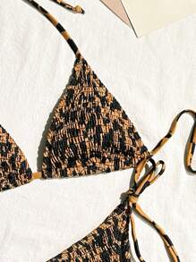 SHEIN Swim Women's 2025 Leopard Print Ruffled Halter Tie Front Bikini Swimwear Set For Beach Vacation, Summer