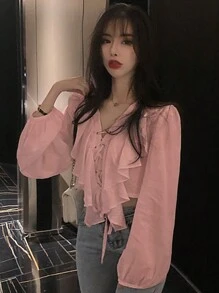 DAZY Women Solid Color Short Sleeve V-Neck Blouse With Tie And Ruffle Detail Summer Long Sleeve Top - Baby Pink - View 3