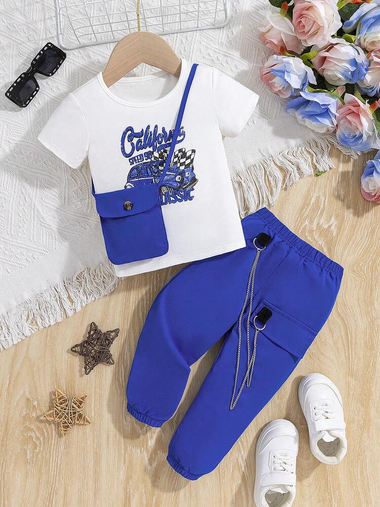 Baby Girl Summer Casual College Style Vacation Car Printed Short Sleeve Shirt, Jumpsuit With Chain And Bag