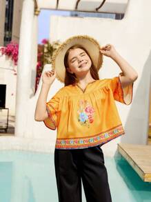 SHEIN Tween Girl Loose Short Sleeve Shirt With Retro Pattern And Notched V-Neckline For Vacation - Yellow - View 1