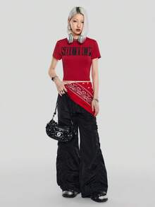 SHEIN Coolane Mùa hè giản dị Thon gọn Ngắn tay Vòng cổ Áo thun Với In thư - Đỏ - Xem 3