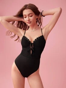 Enchnt Bộ đồ liền thân có dây đeo spaghetti trang trí màu trơn dành cho nữ thanh lịch cho mùa hè - màu đen - Xem 7