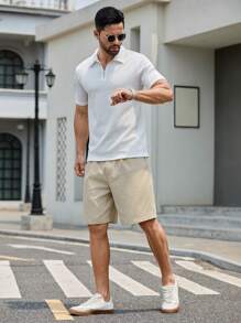 GENTILAND Men Solid Color Woven Casual Shorts With Pockets - Apricot - View 2