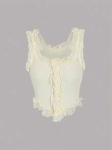 SHEIN Unity Áo đan ren trắng có độ co giãn cao viền bất đối xứng cho nữ Yếm trên - Màu be - Xem 1