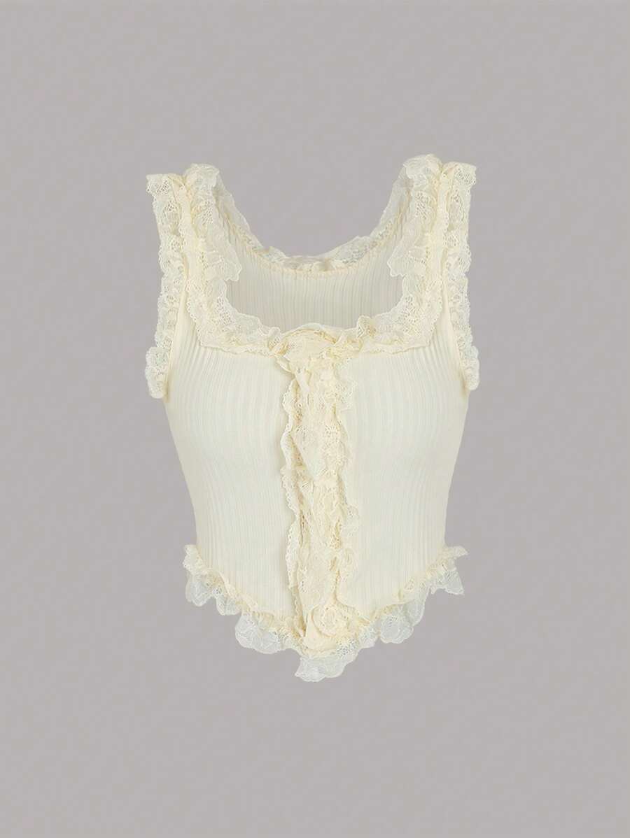 SHEIN Unity Áo đan ren trắng có độ co giãn cao viền bất đối xứng cho nữ Yếm trên - Màu be - Xem 1