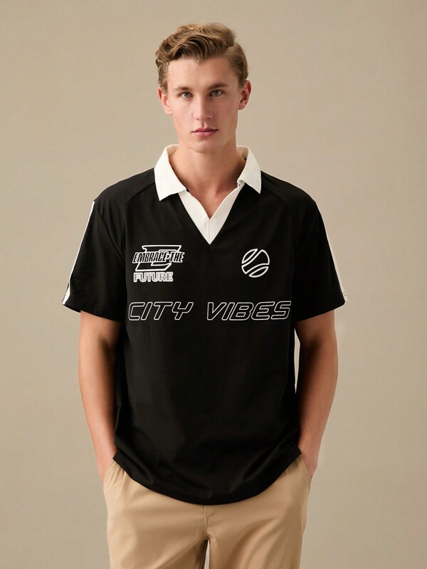 Manfinity RebelGame Camisa polo informal de punto holgada para hombre con estampado de letras, camisa polo con bloque de color de cuello de los años 80 para salir, ropa de vuelta al colegio, regalo para el novio, vuelta al colegio