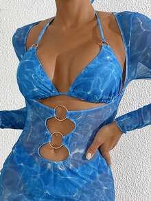 SHEIN Swim 女士度假大理石印花挂脖时尚简约比基尼套装带可分离比基尼套装搭配圆环连接罩衫连衣裙夏季海滩 - 藍色 - 查看 3