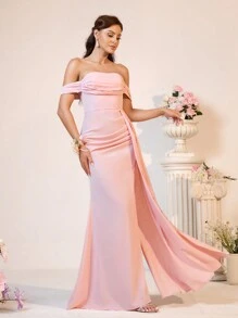 SHEIN Belle Elegant Light Pink Off Shoulder Pleated Gown With High Split And Fish Tail For Bridesmaid