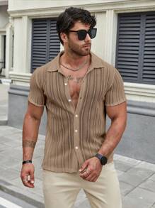 Men's Solid Color Short Sleeve Shirt, Casual Spring/Summer Wear - Khaki - View 3