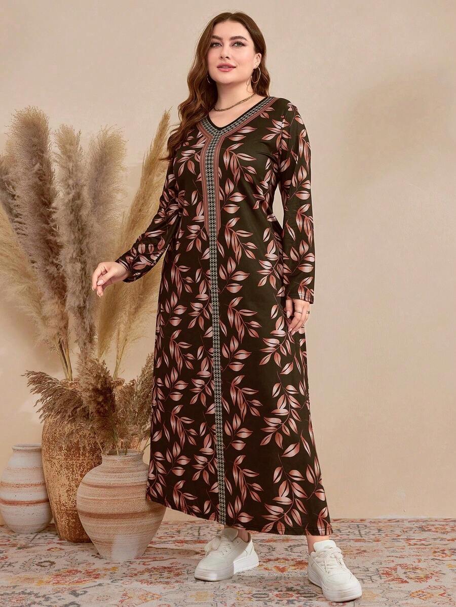 Al Najma 大尺碼女裝春夏季植物印花拼接緞帶長袖簡約洋裝 - 軍綠色 - 查看 1