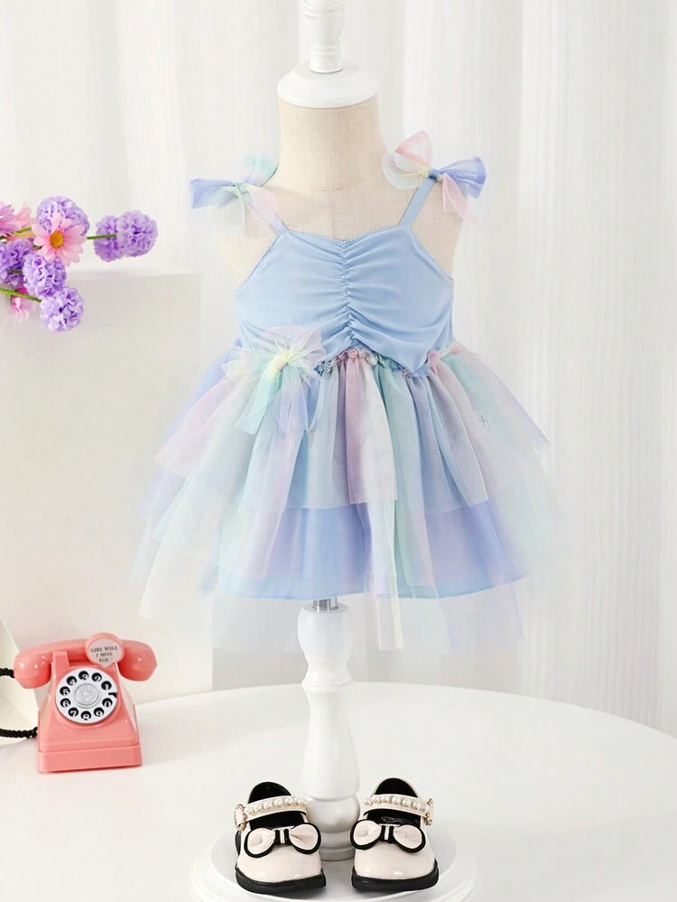 Fashionable Baby Girls Exquisite Cute Multi-Layered Rainbow Mesh Tulle Swing Dress With Straps