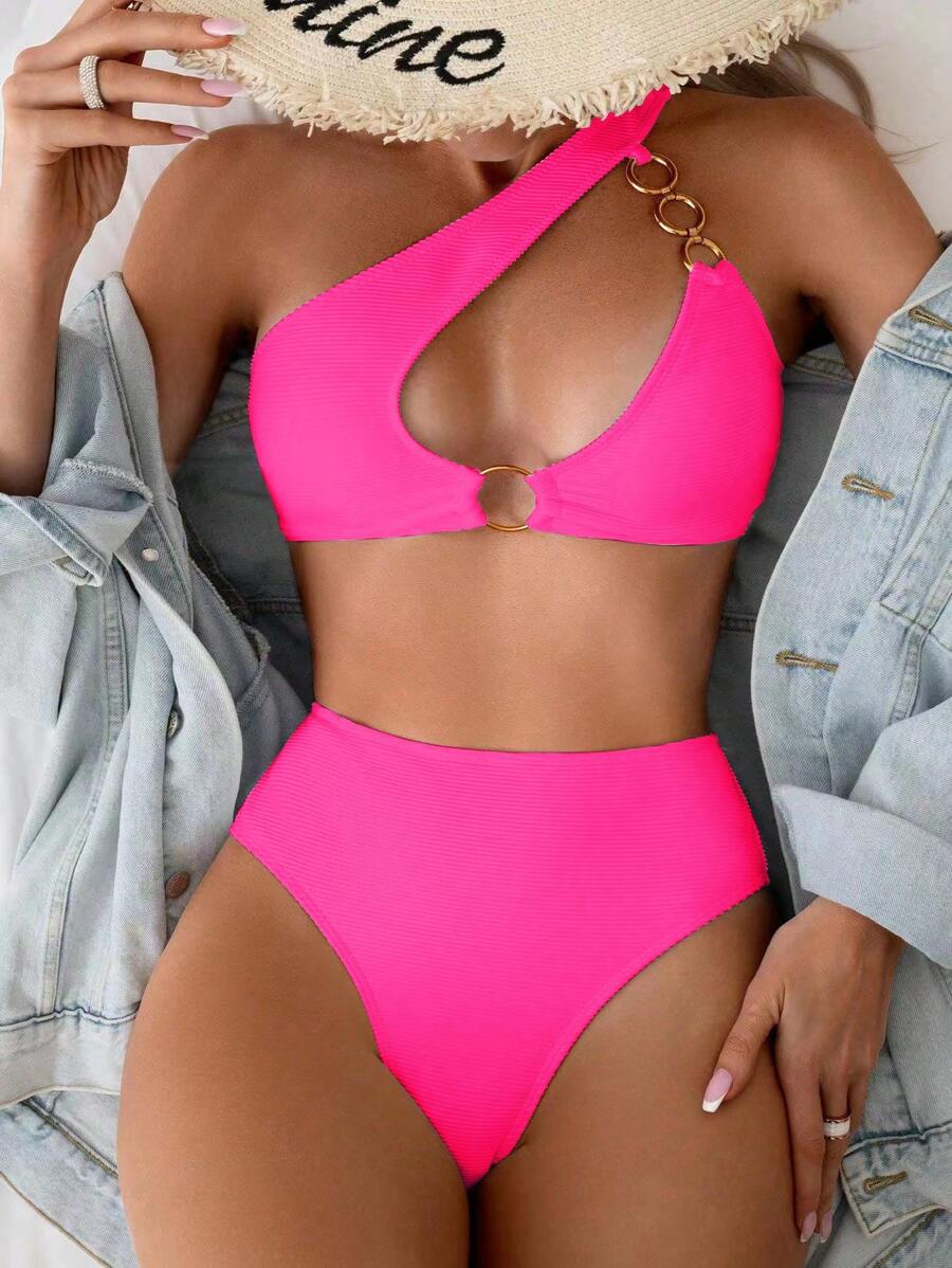 SHEIN Swim Bộ bikini tách biệt màu trơn rỗng dành cho kỳ nghỉ, bãi biển mùa hè - Màu Hồng Tươi - Xem 1