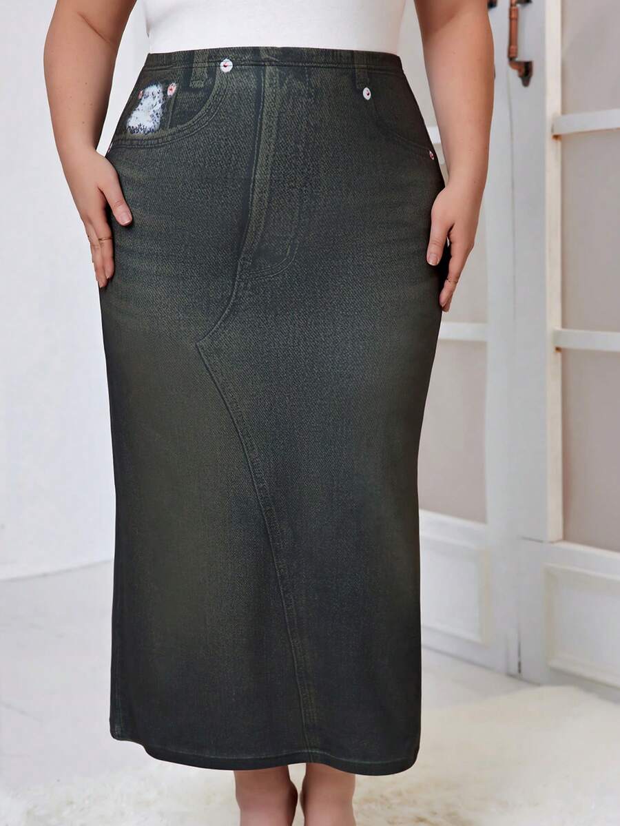 SHEIN Essnce Plus Size Women's Denim Effect Printed Skirt - Army Green - View 1