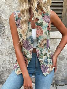 SHEIN LUNE 女士夏季假期風格提花花卉細節單排扣無袖西裝外套