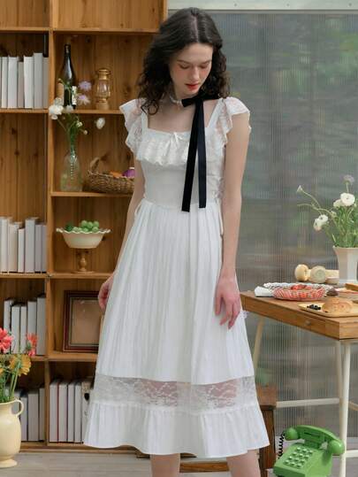 Simple Retro Women Lace Patchwork Square Neckline Bow Detail Knot Midi White Dress