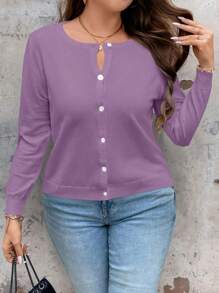 SHEIN LUNE Women Plain Simple Daily Plus-Size Cardigan Fall Winter Cloth For Women Autumn - Mauve Purple - View 5