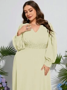 SHEIN LUNE Plus Size Đính cườm Chi tiết Cổ chữ V Eo Cinched Váy cô dâu dài đơn giản thanh lịch - Màu be - Xem 4
