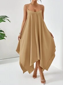 SHEIN Essnce Vestido cami casual con dobladillo pañuelo y unicolor para el verano - Caqui - Ver 6