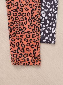 2pcs/Set Young Girl Leopard Print Cat Pattern Long Pants And Short Sleeve Casual Snug Fit Homewear Outfit, Tight Pajamas Set - Multicolor - View 4