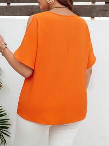 SHEIN LUNE Camisa de talla grande con mangas huecas y cuello de borde festoneado - Naranja Quemada - Ver 5
