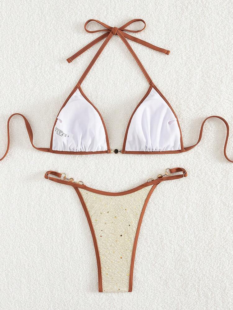 Ladies Color Blocking Edge Decor Separates Bikini Set For Vacation Summer Beach