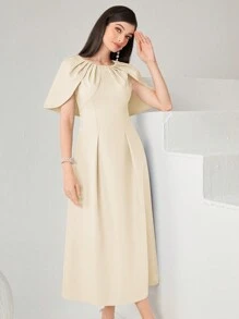 Modelyn 女士時尚純色短袖圓領裙 - 米色 - 查看 1