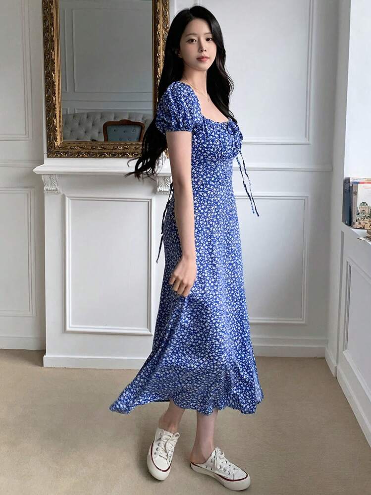 DAZY Vestido midi con estampado floral y abertura lateral, vestido de lechera, vestido de verano, atuendos de vacaciones para mujer, estilo bohemio - Azul - Añade 2